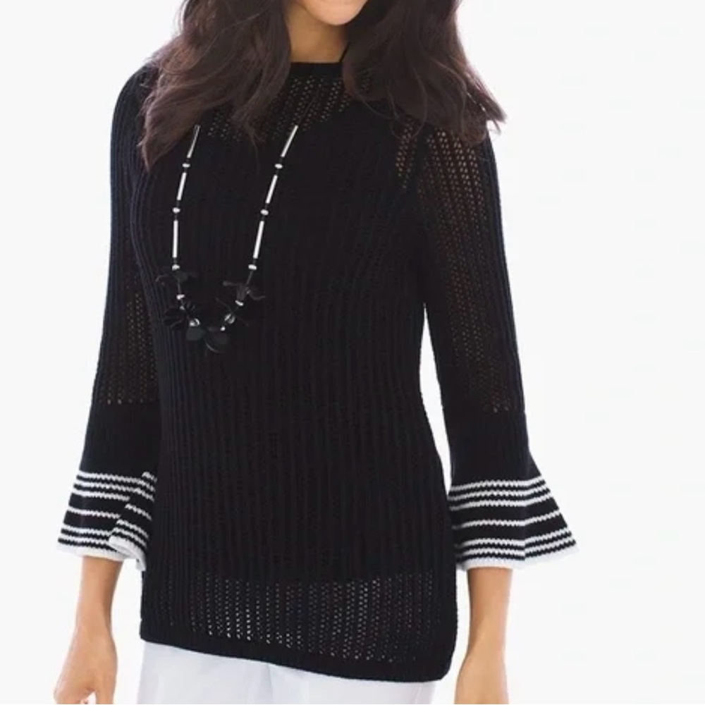 Chico’s NEW Black & White Pullover Sweater Ruffle Sleeves NWT  Sz 2 (Lg)